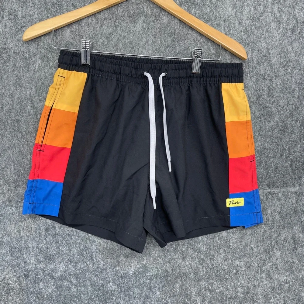 Duvin Shorts Mens XL Black Rainbow Stripe Swim Trunks Board Shorts Retro Style